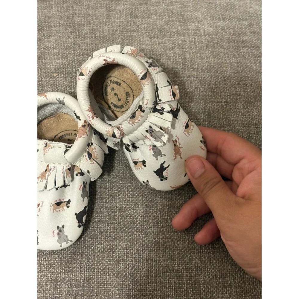 Freshly Picked White with playful french bulldog print Leather moccasins Size 2